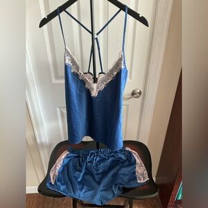 Frederick's of Hollywood Blue Satin Camisole and Shorts with Cream Lace